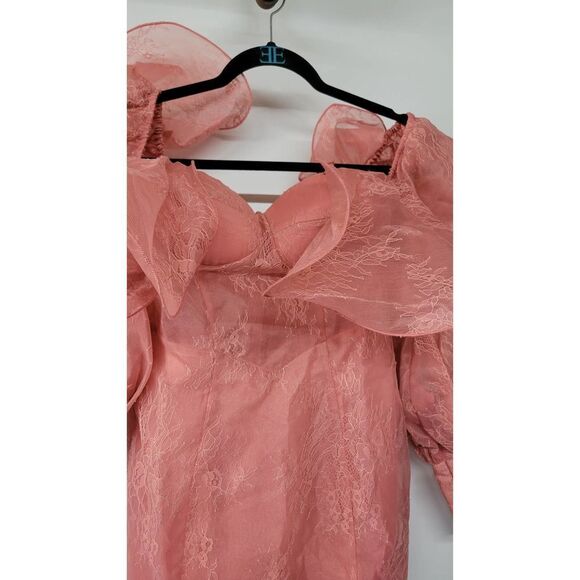 ASOS LUXE Curve wire bardot lace midi dress in pink - Picture 2 of 13